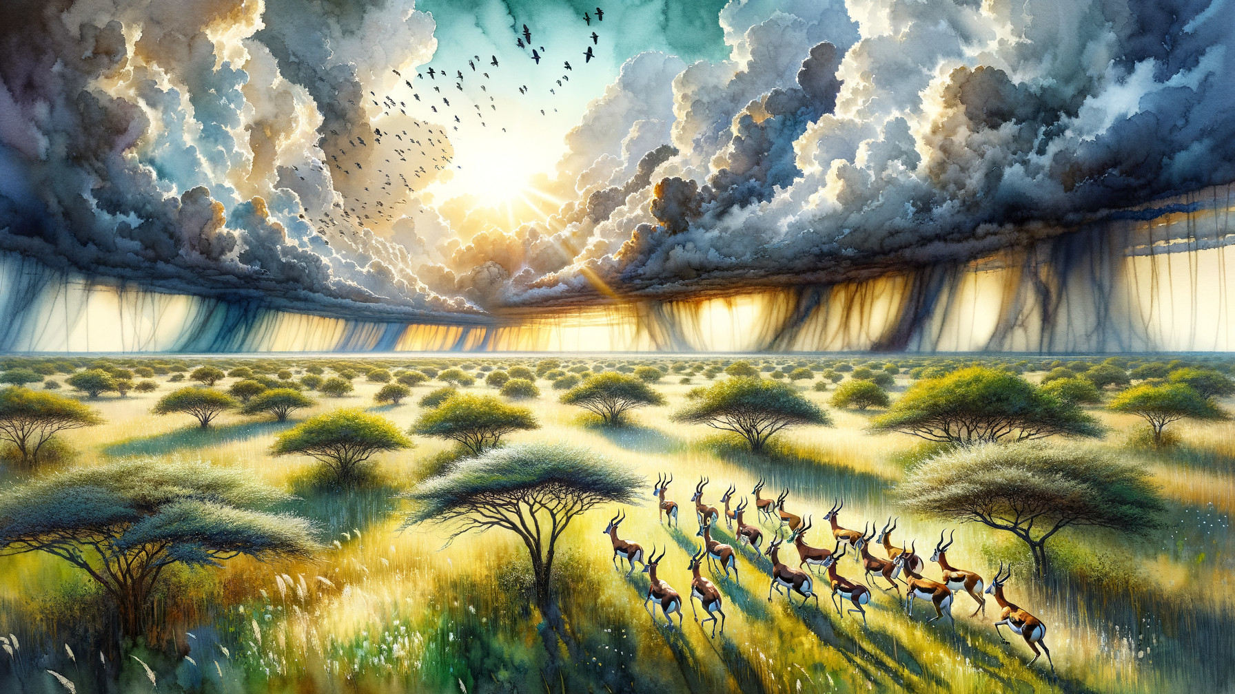 Vibrant Landscape with Antelope and Dramatic Sky