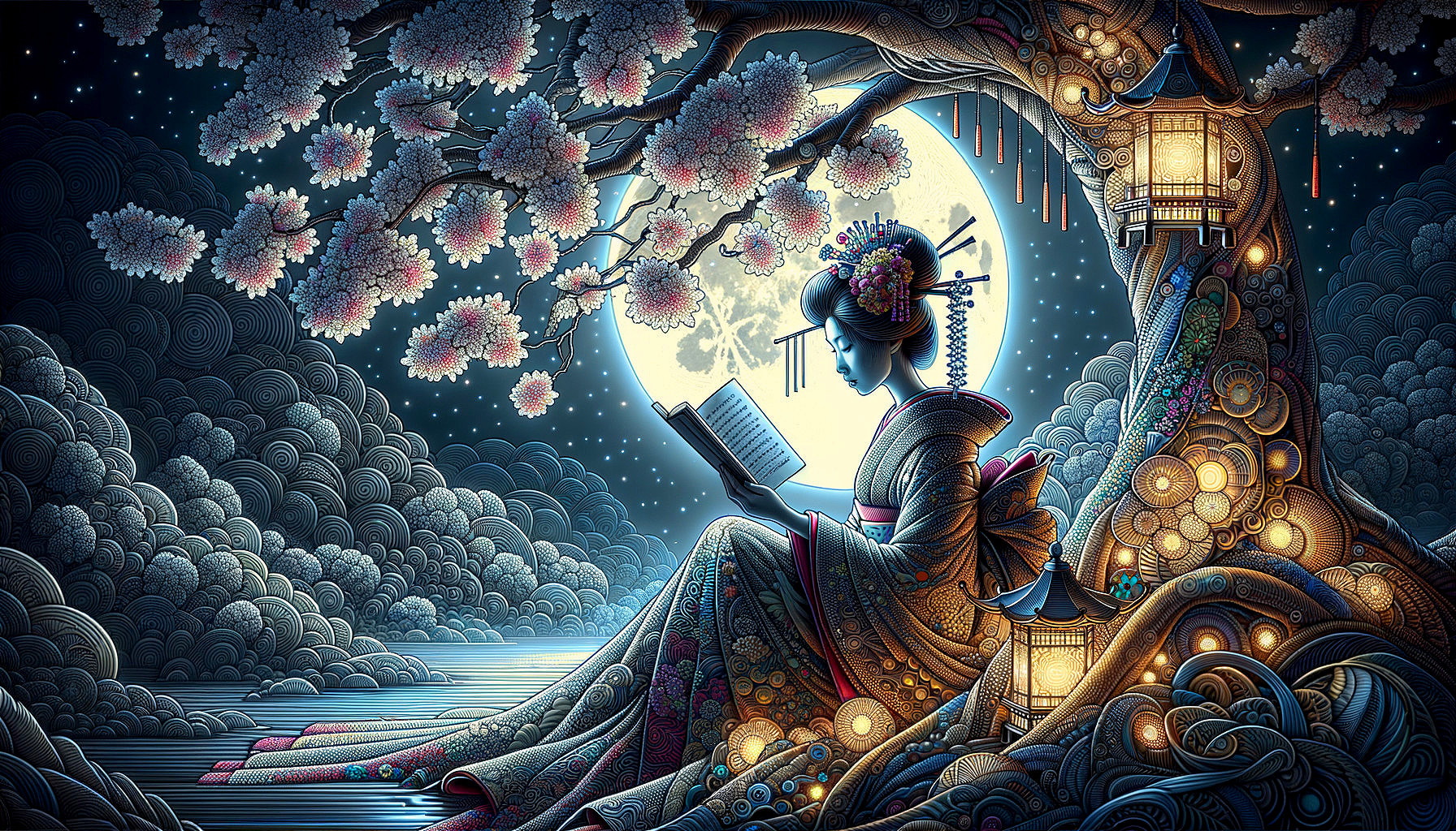 Woman in Kimono Reading Under Cherry Blossom Tree