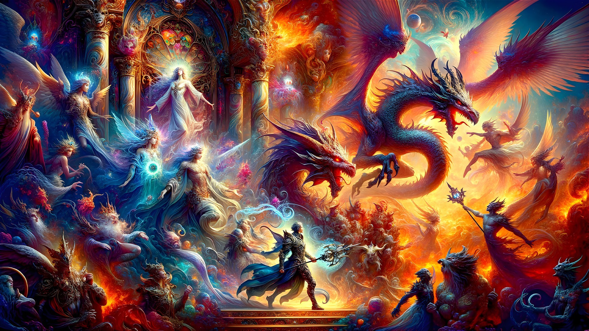 Vibrant Scene of Mythical Creatures and Ethereal Beings