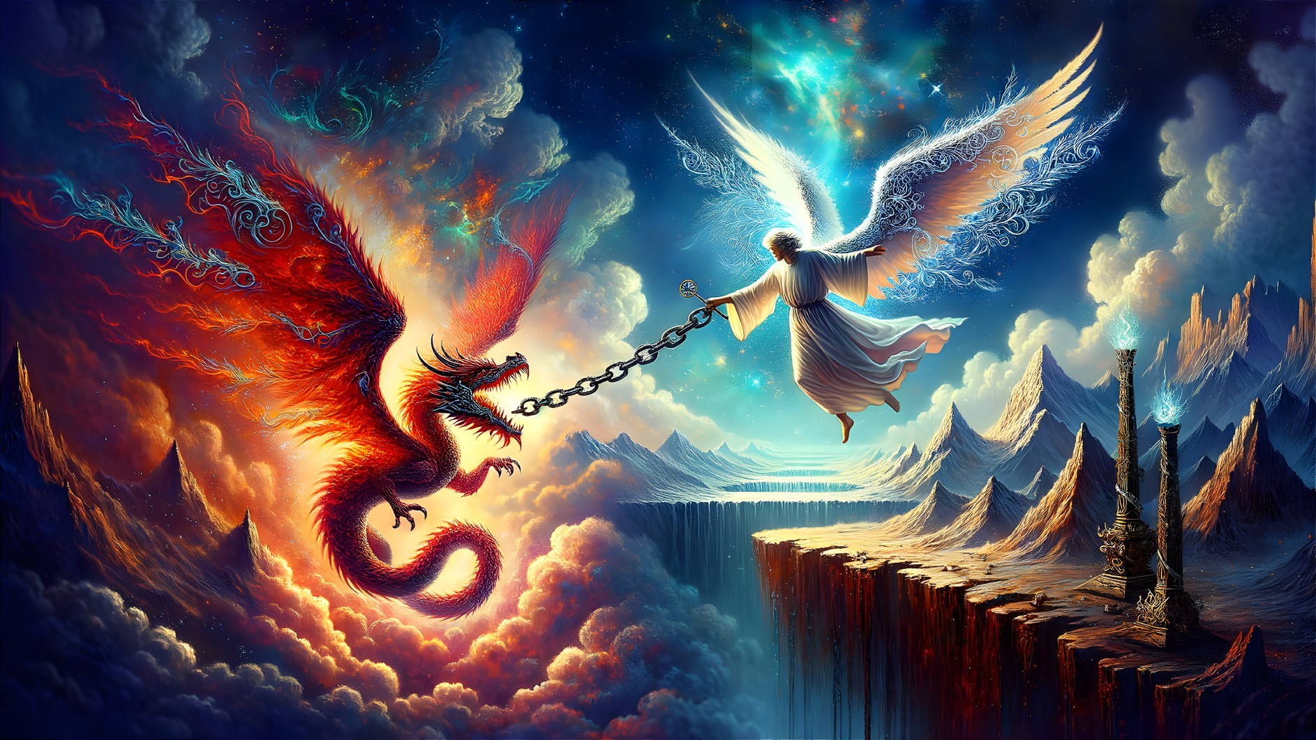 Angel and Dragon in Cosmic Battle of Light and Dark