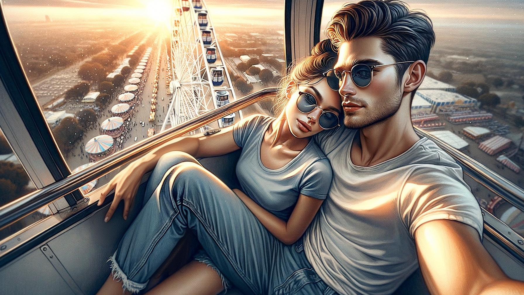 Couple on Ferris Wheel at Sunset in Fairground Setting