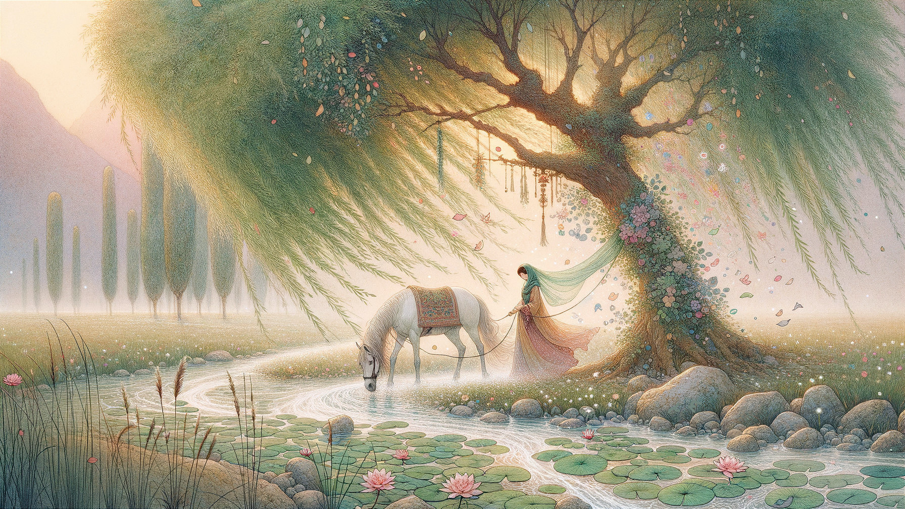 Serene Landscape with Woman, Horse, and Water Lilies