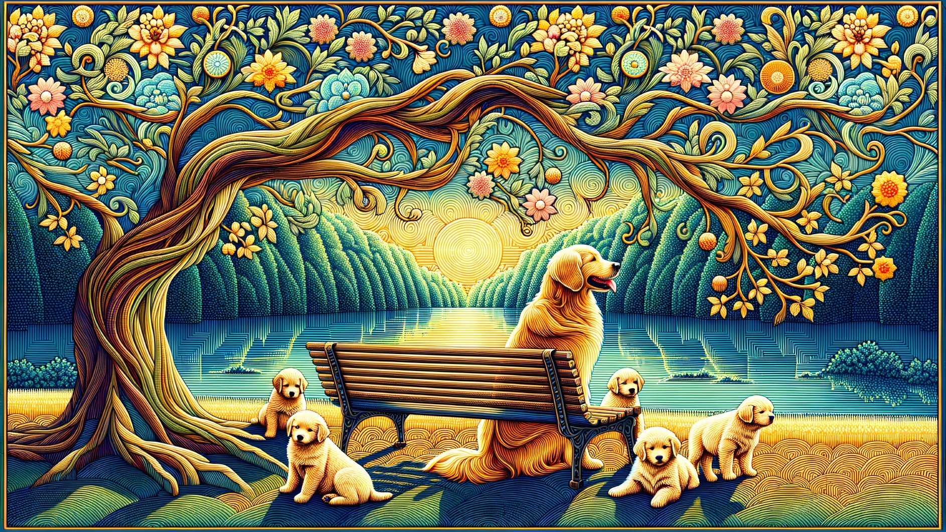 Golden Retriever and Puppies in Colorful Nature Scene