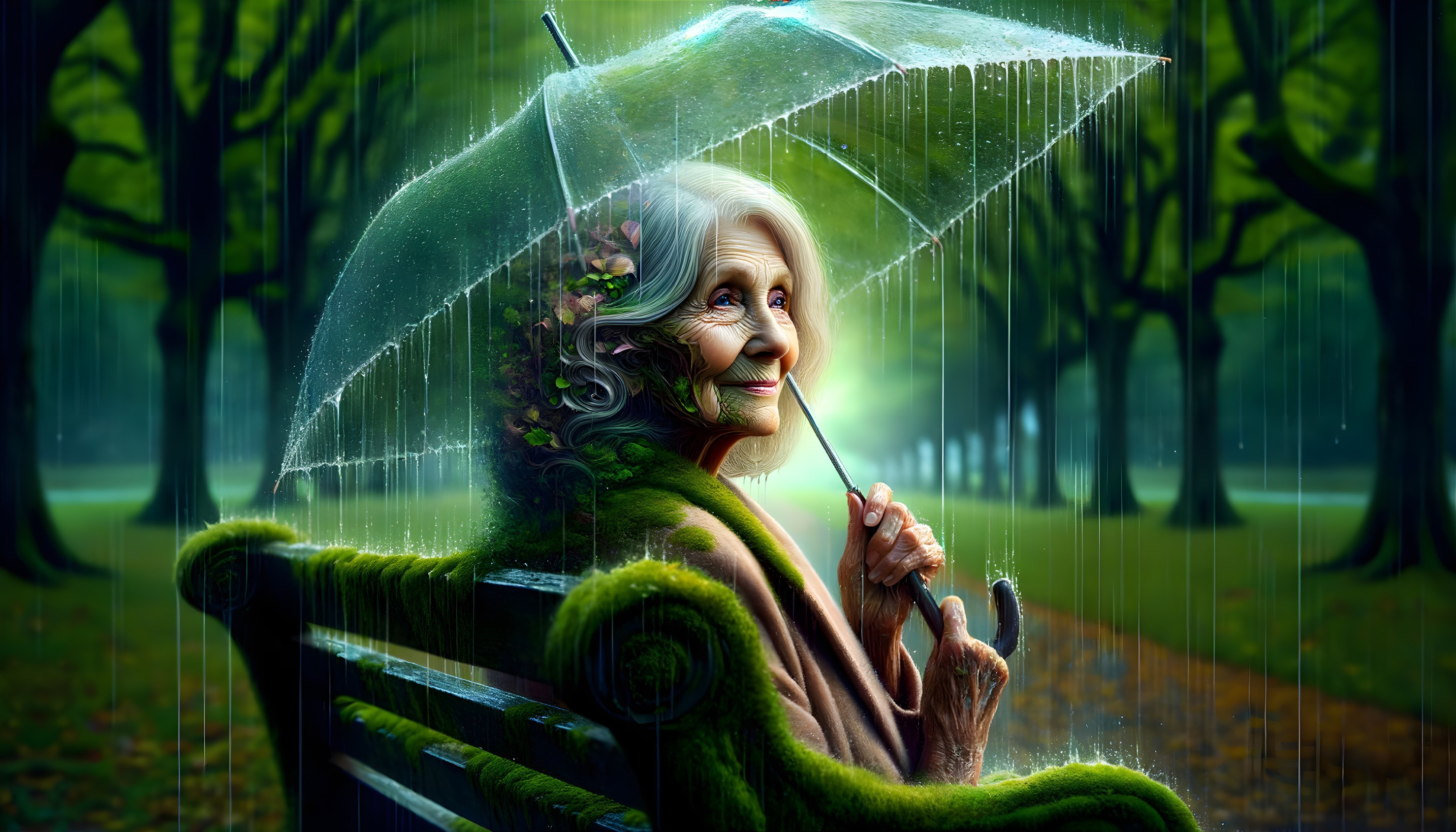 Elderly woman on moss-covered bench in serene park