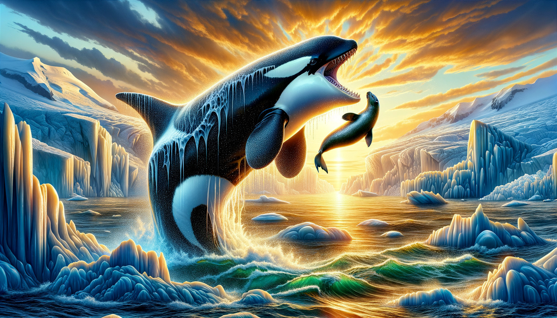 Orca Breaching in Icy Waters at Sunset with Seal