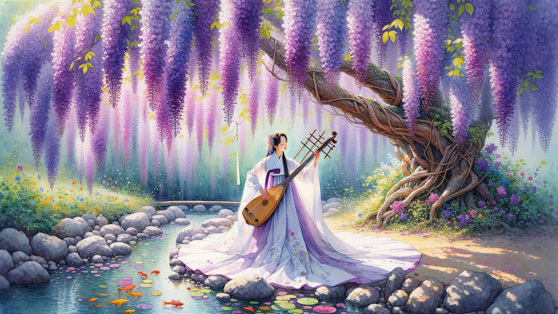 Tranquil Woman Playing Instrument Amid Wisteria Blossoms
