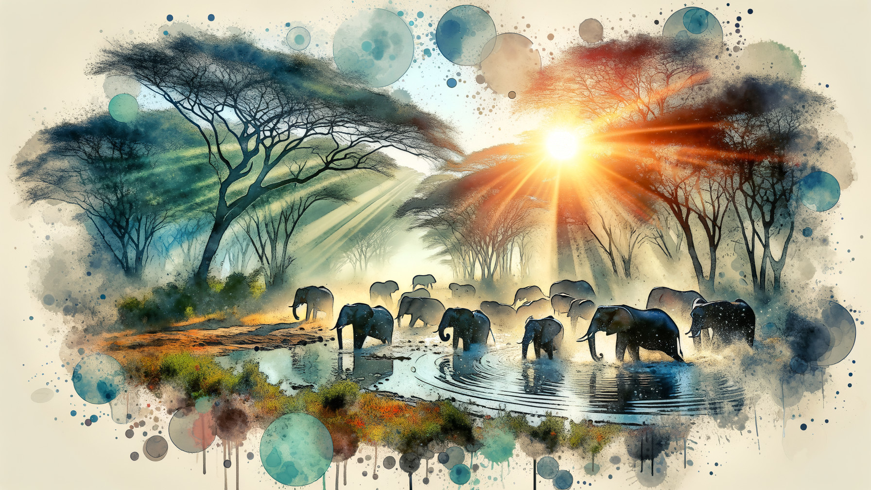Elephants Wading in Tranquil Water with Abstract Vegetation