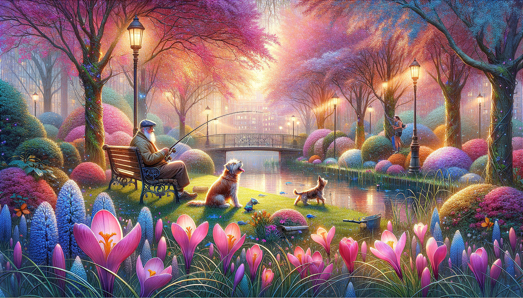 Tranquil Park Scene with Fishing and Blooming Flowers