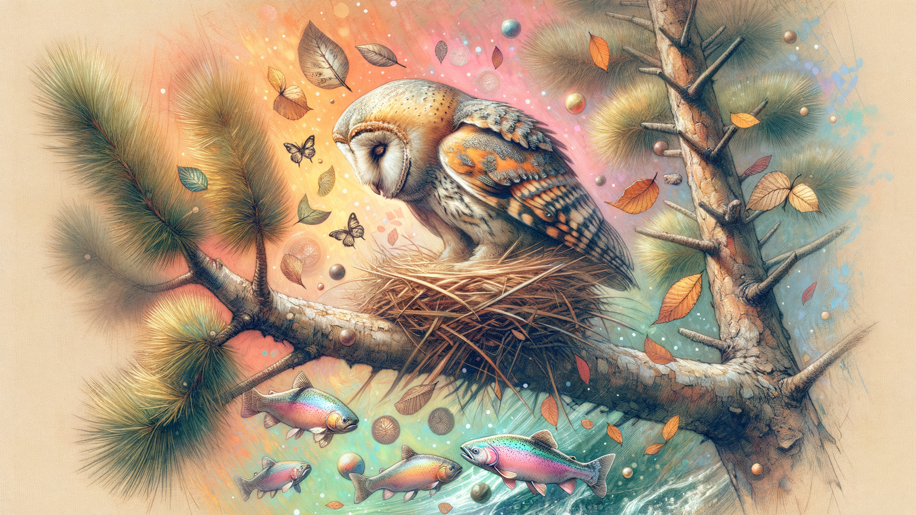 Barn Owl on Pine Branch Amidst Autumn Leaves and Fish