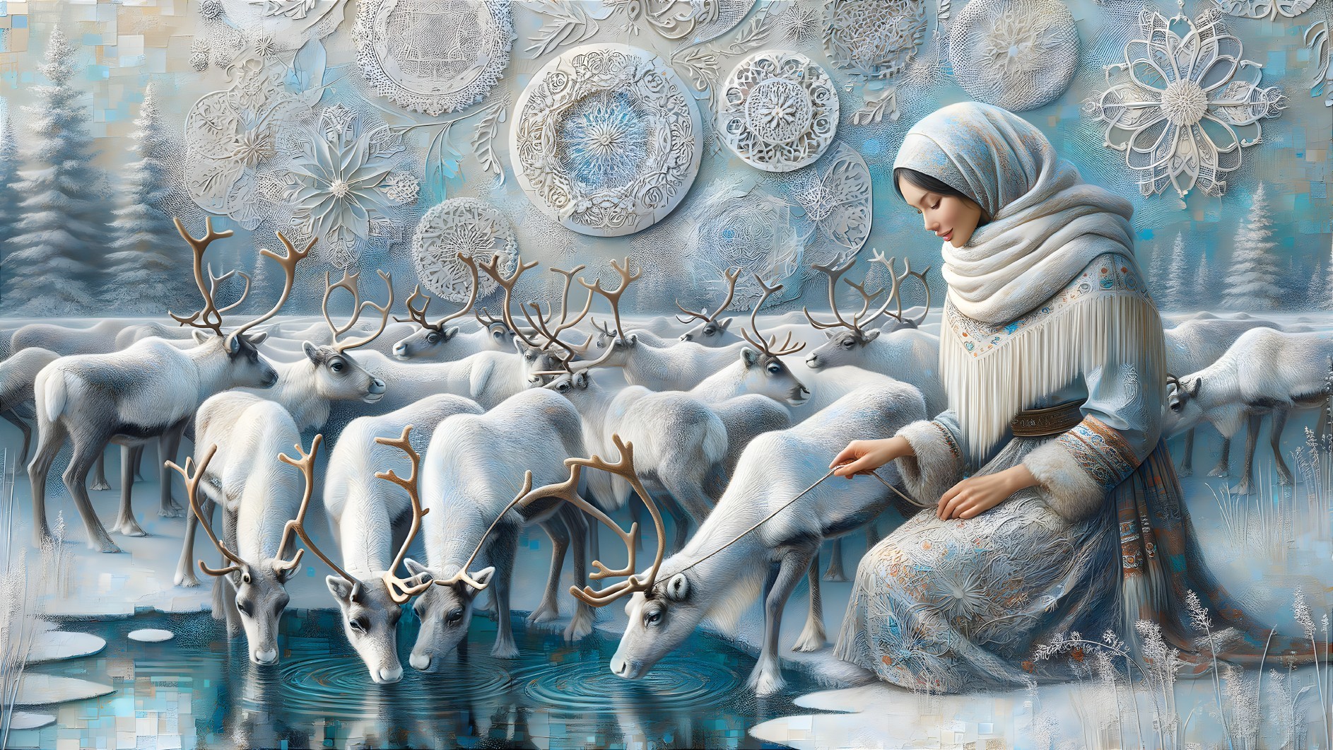 Woman in Traditional Attire with Reindeer in Icy Landscape