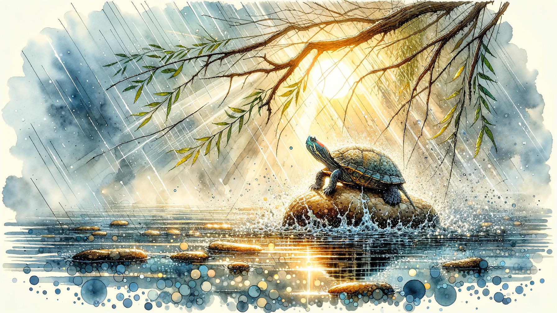 Watercolor Turtle in Tranquil Pond with Rain