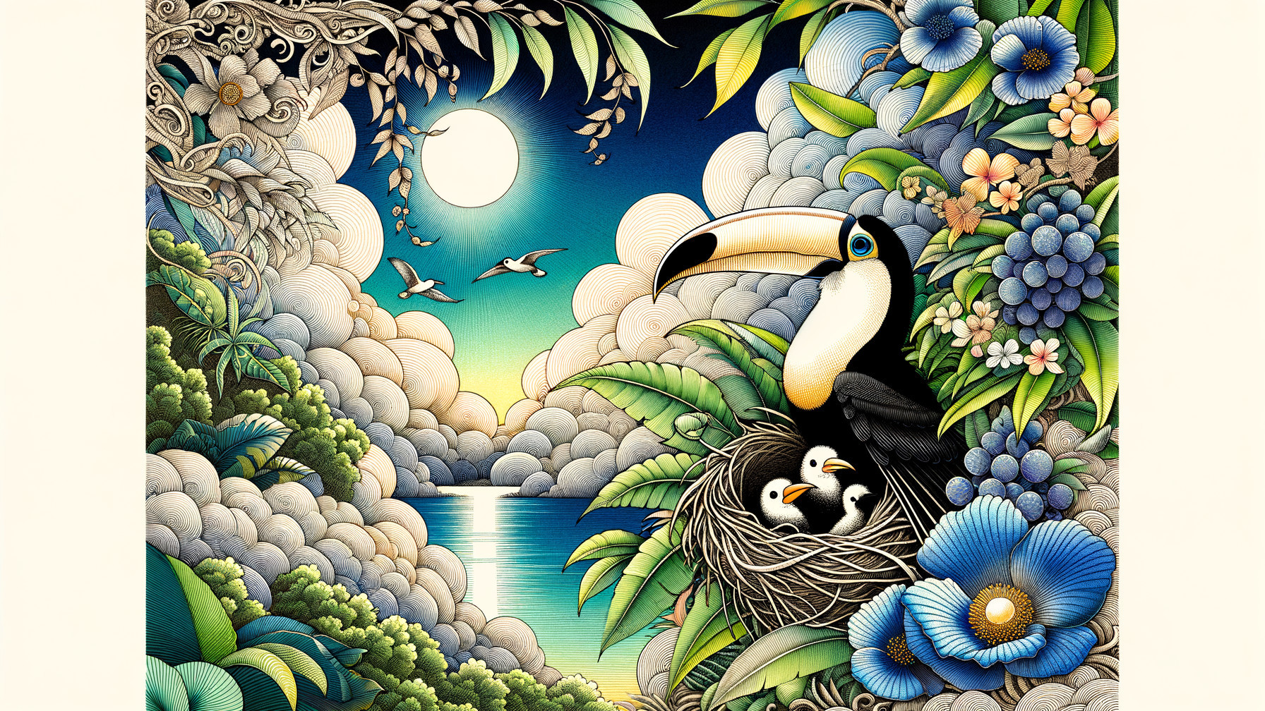 Tropical Scene with Toucan, Nest, and Chicks