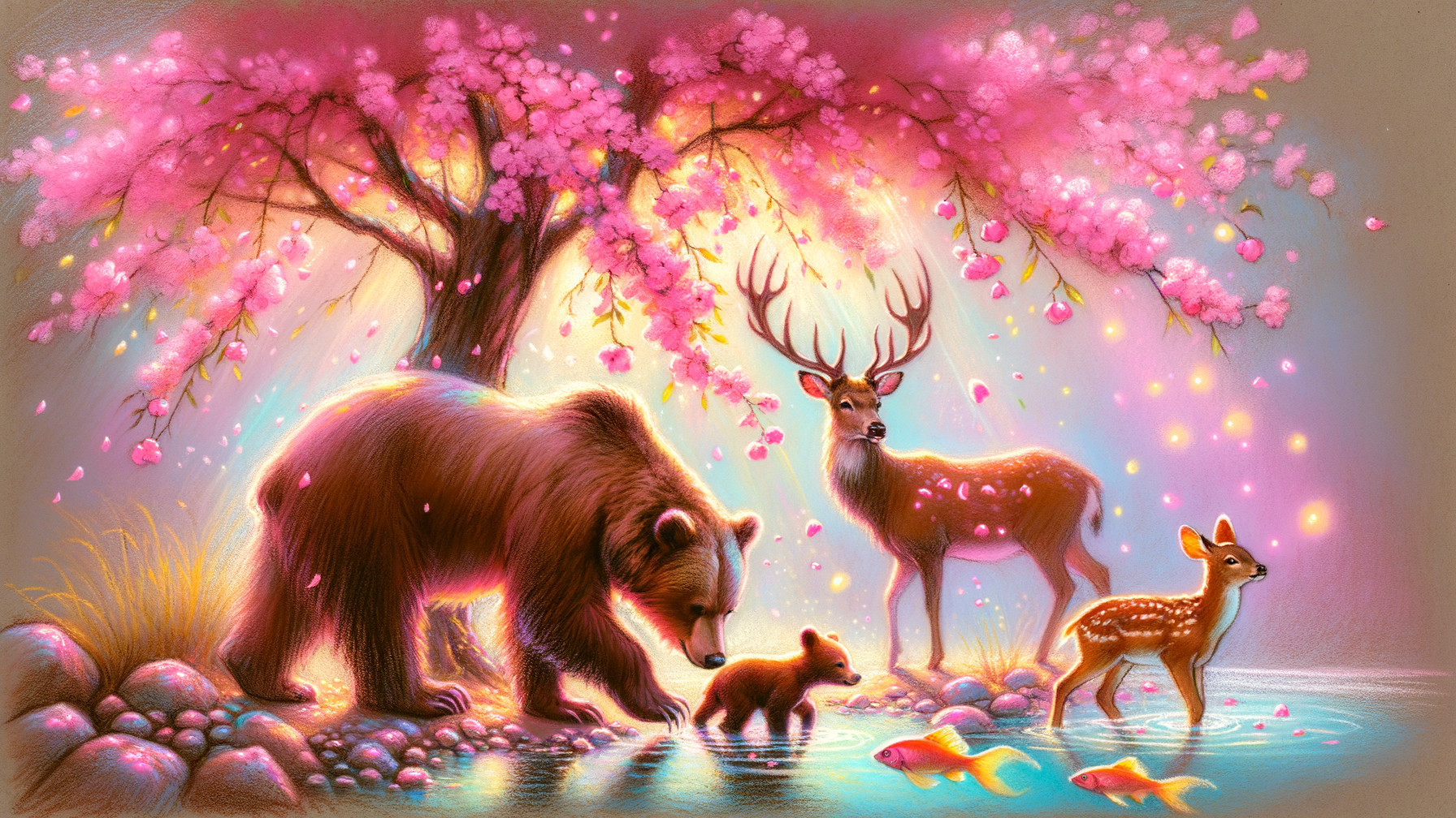 Bear and Cub by Pond with Cherry Blossoms and Deer