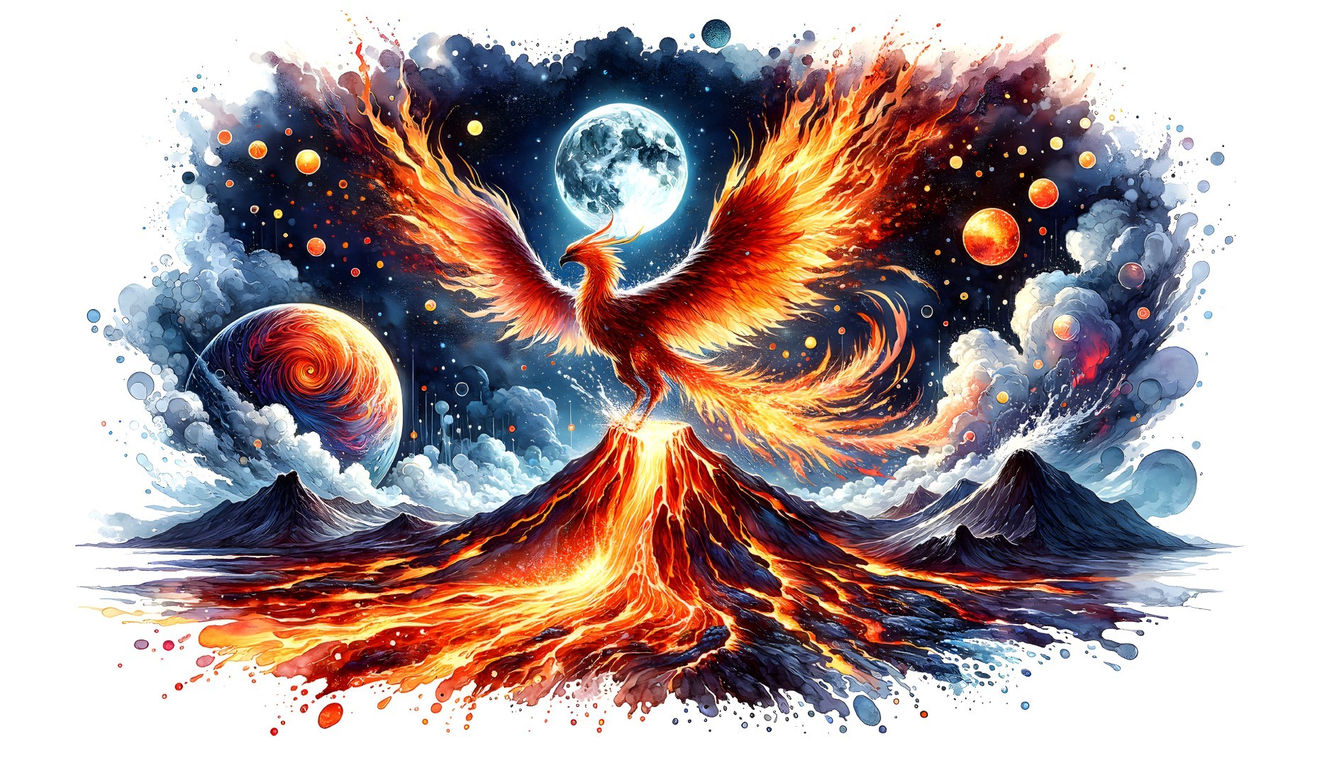 Phoenix Rising from Volcanic Landscape with Cosmic Colors