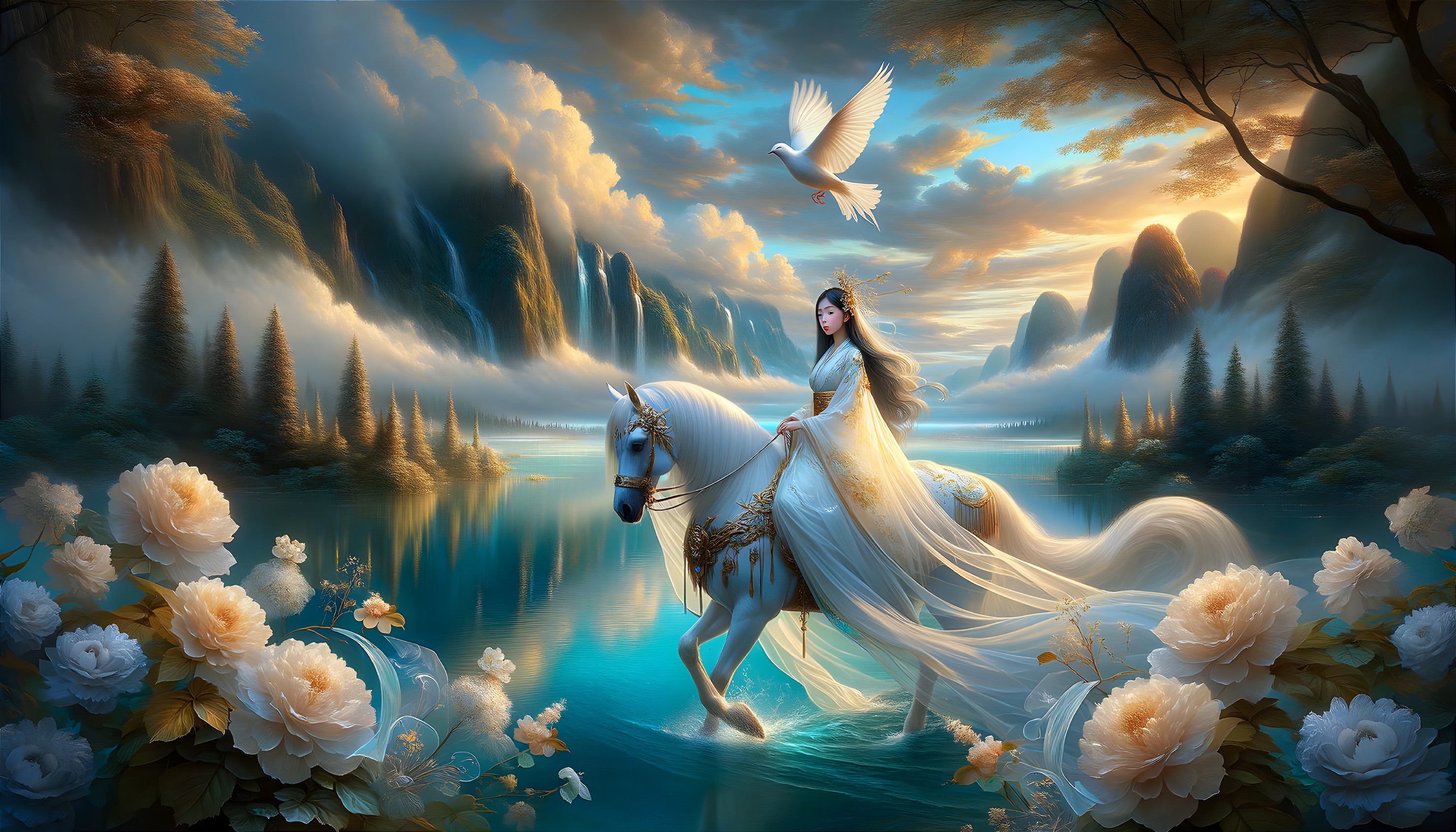 Serene Landscape with White Horse and Elegant Rider