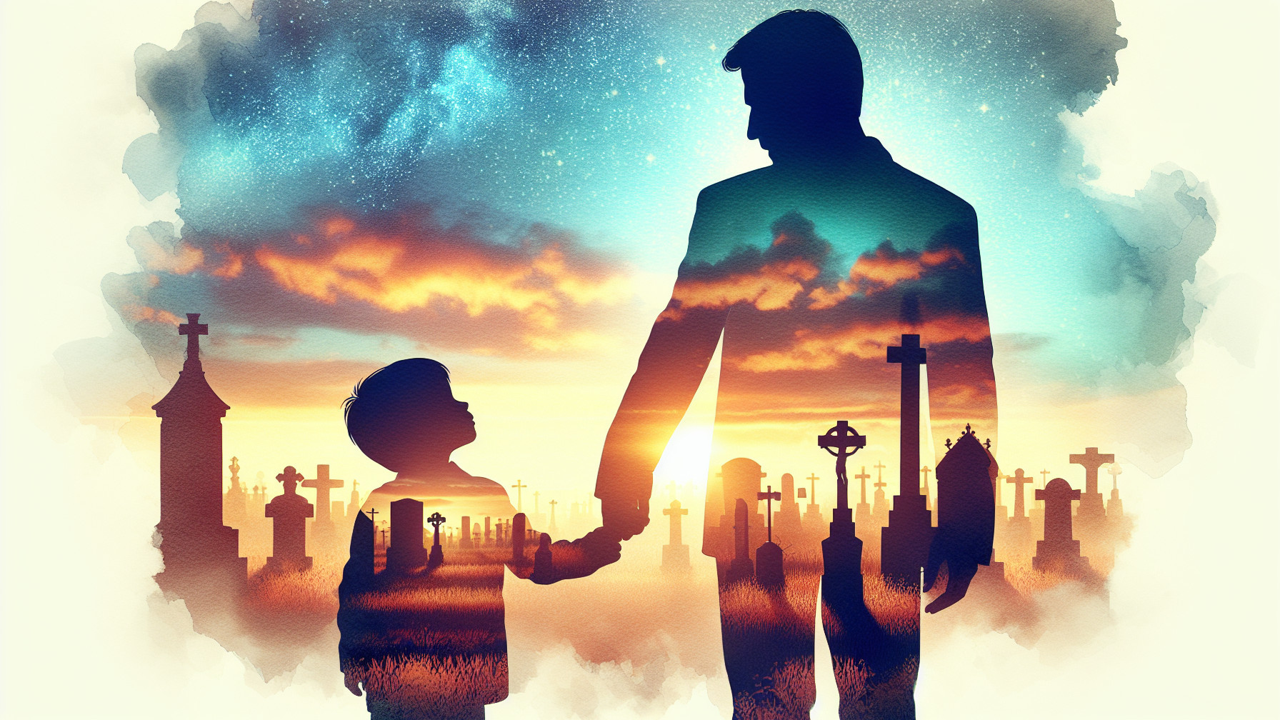 Silhouette of Man and Child at Twilight in Cemetery