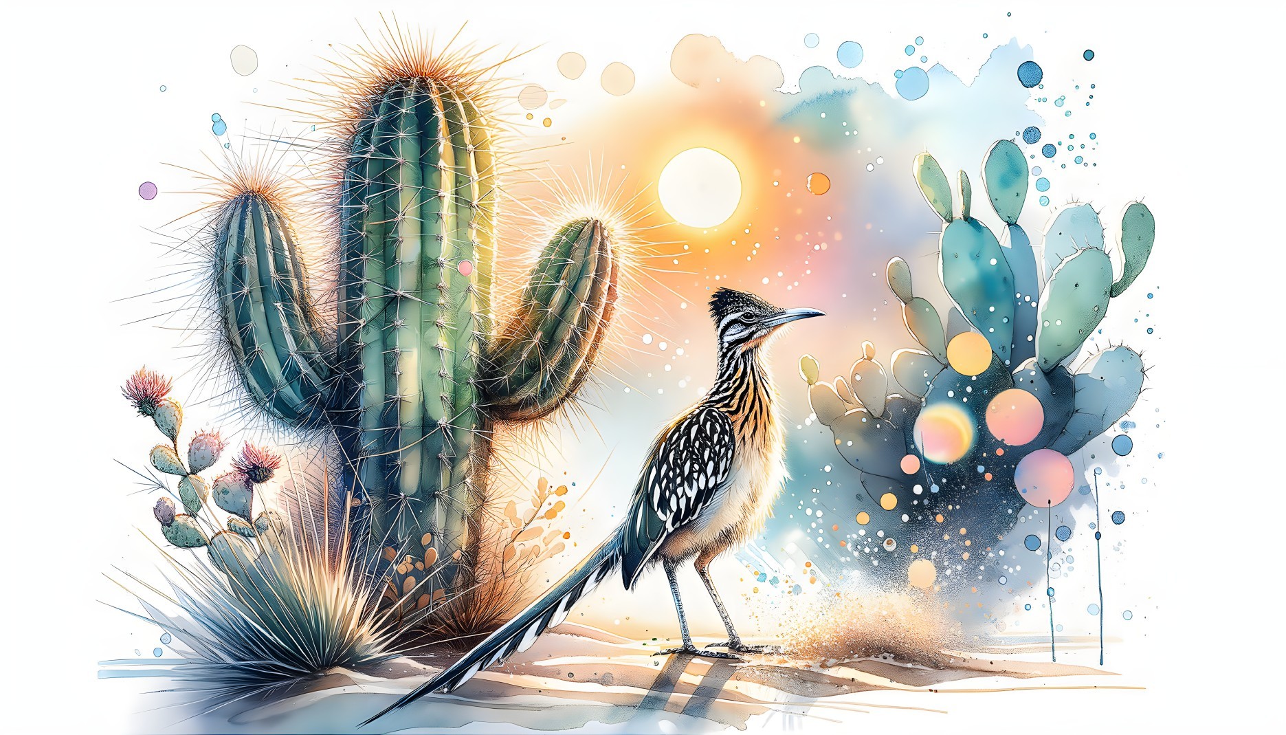 Roadrunner in Vibrant Desert Flora at Sunset