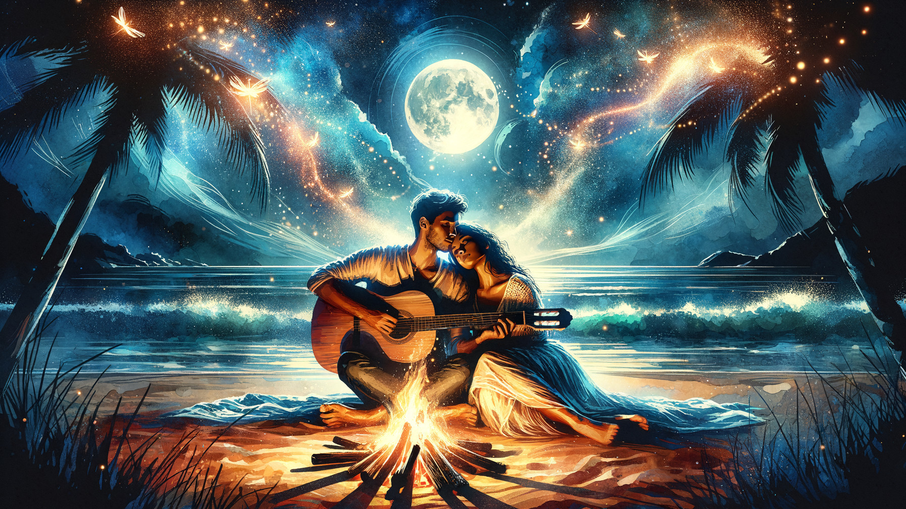Moonlit Beach Romance with Guitar and Starry Sky