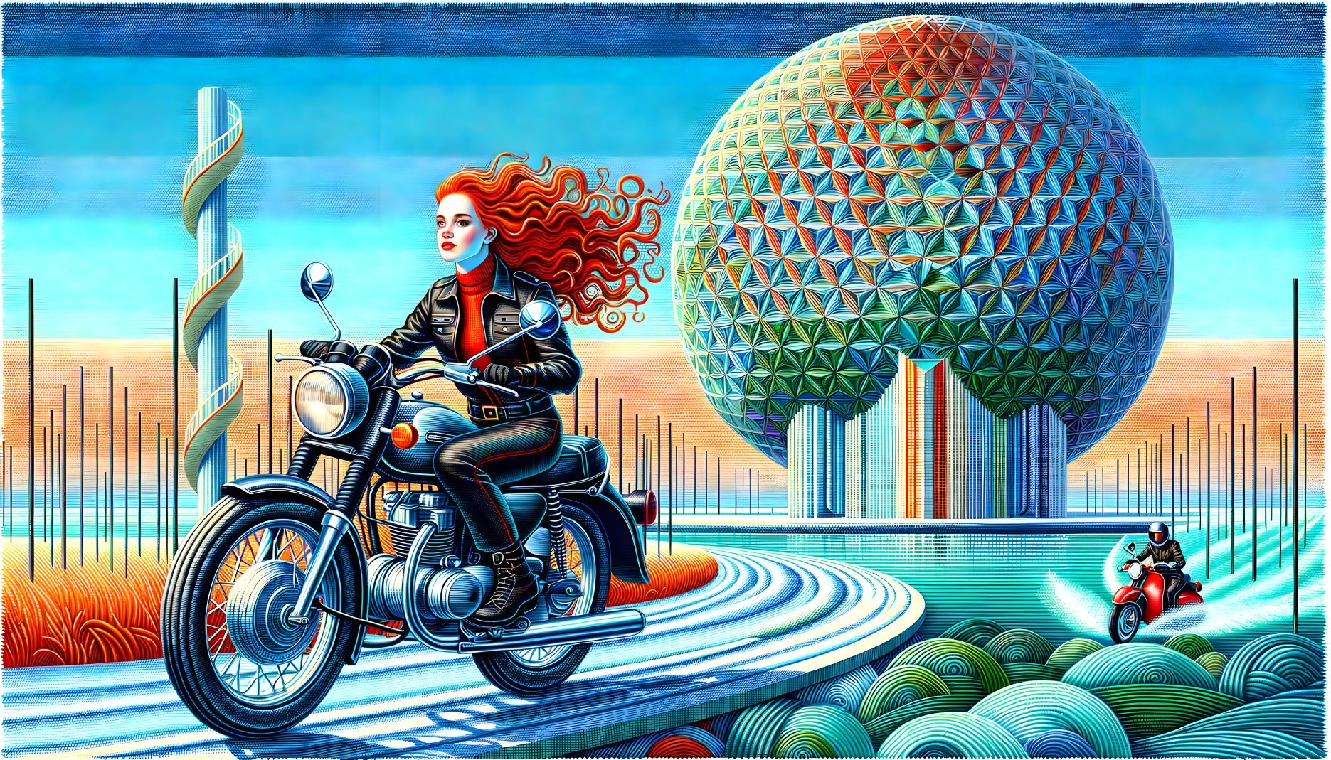 Vibrant Scene of Woman on Motorcycle with Geodesic Dome