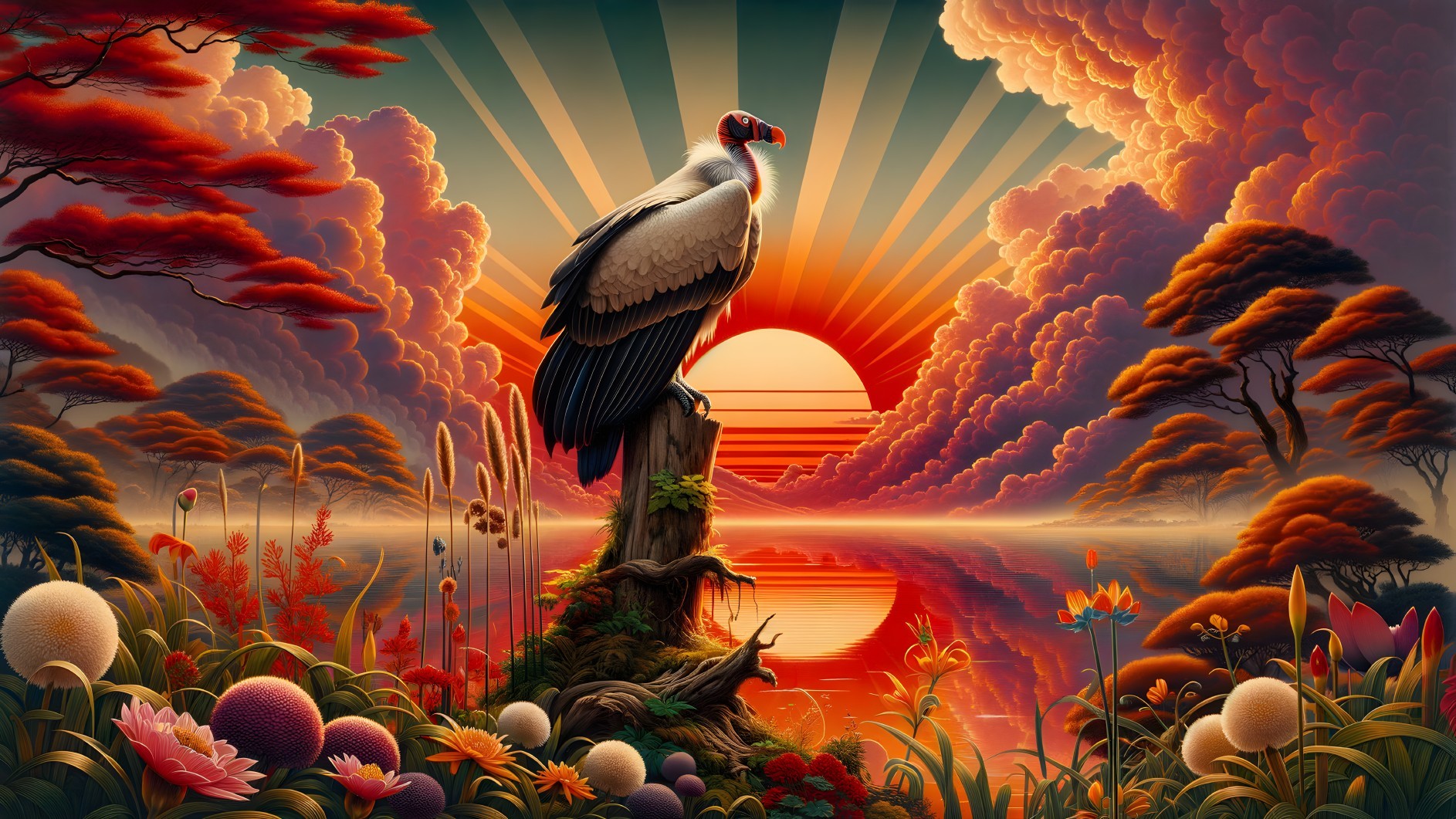 Vulture Silhouette at Vibrant Sunset with Lush Surroundings