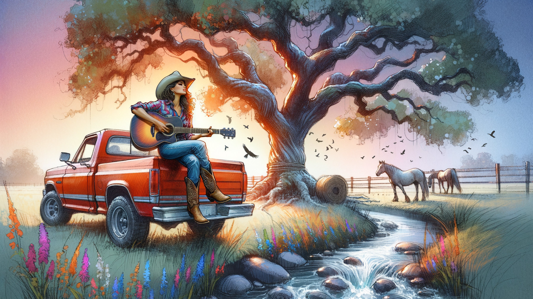 Serene Countryside Sunset with Guitar and Wildflowers
