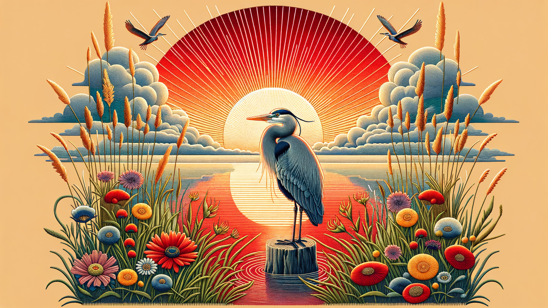 Heron on Stump Amidst Flowers and Sunset Sky