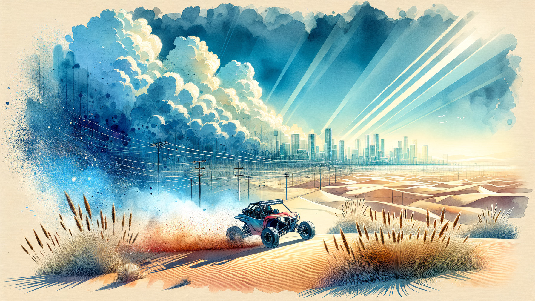 Dune Buggy in Desert with City Skyline Background