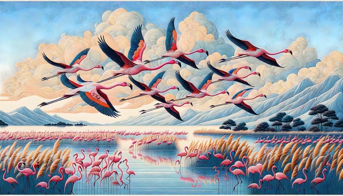 Serene Landscape with Cranes and Flamingos in Nature