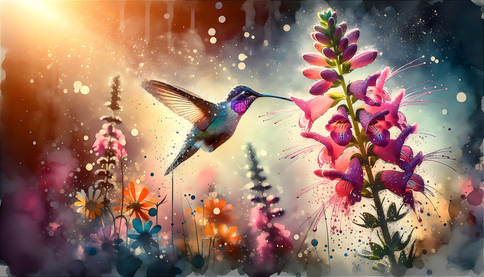 Hummingbird Feeding Among Colorful Flowers in Nature