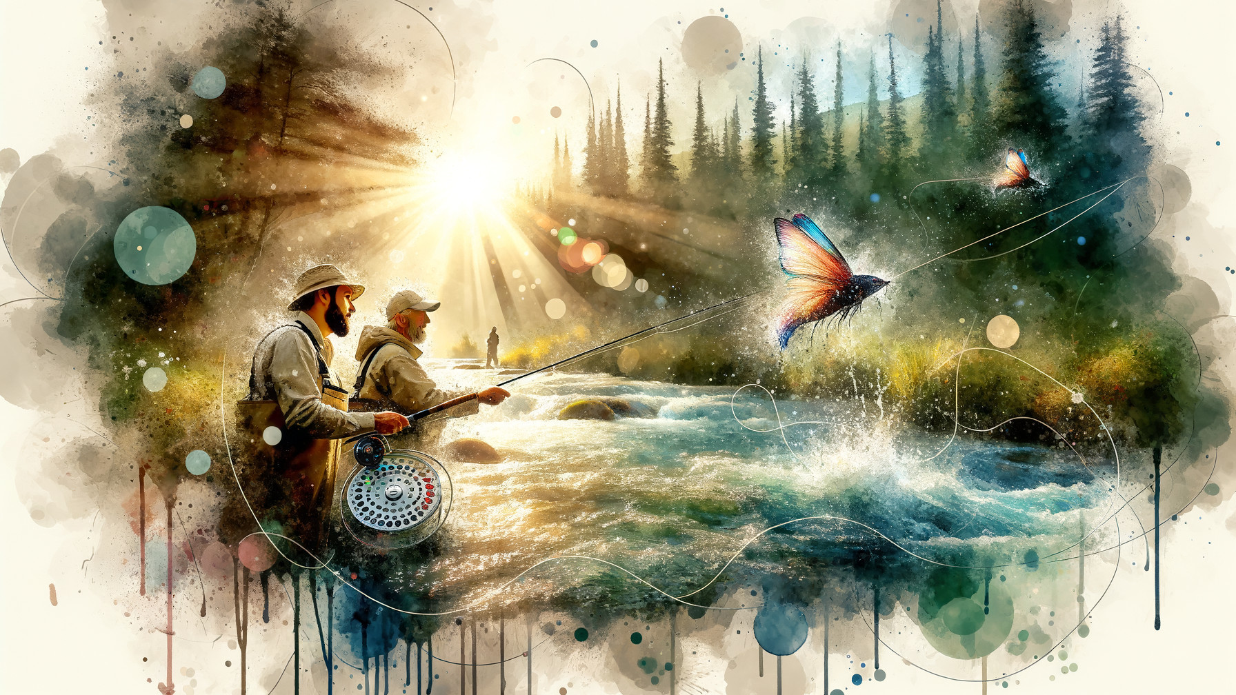 Fishermen Casting Lines in a Colorful River Scene