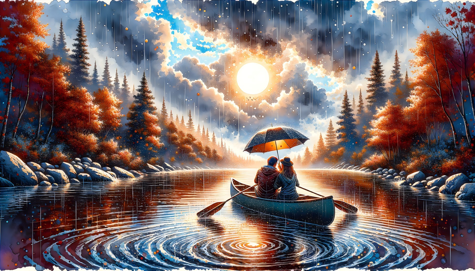 Couple in a Boat on a Calm River in Autumn景色