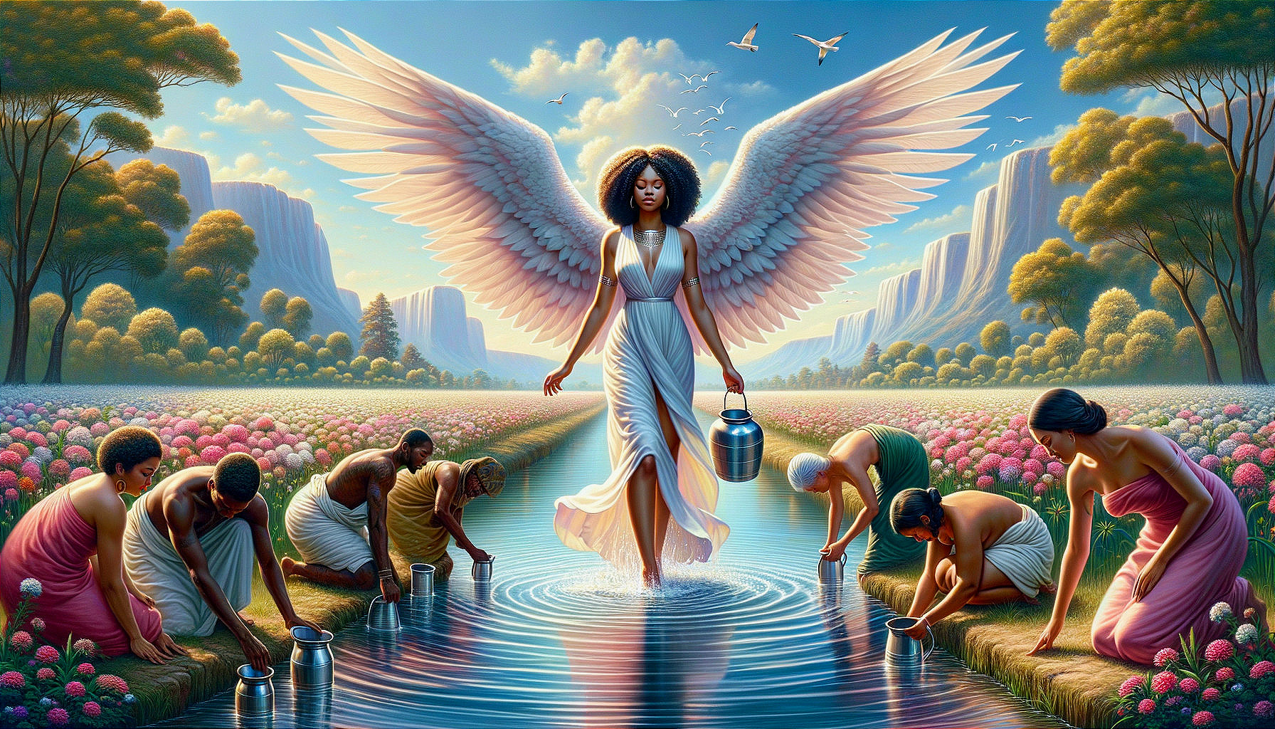 Angelic Figure in Vibrant Landscape by Shimmering River