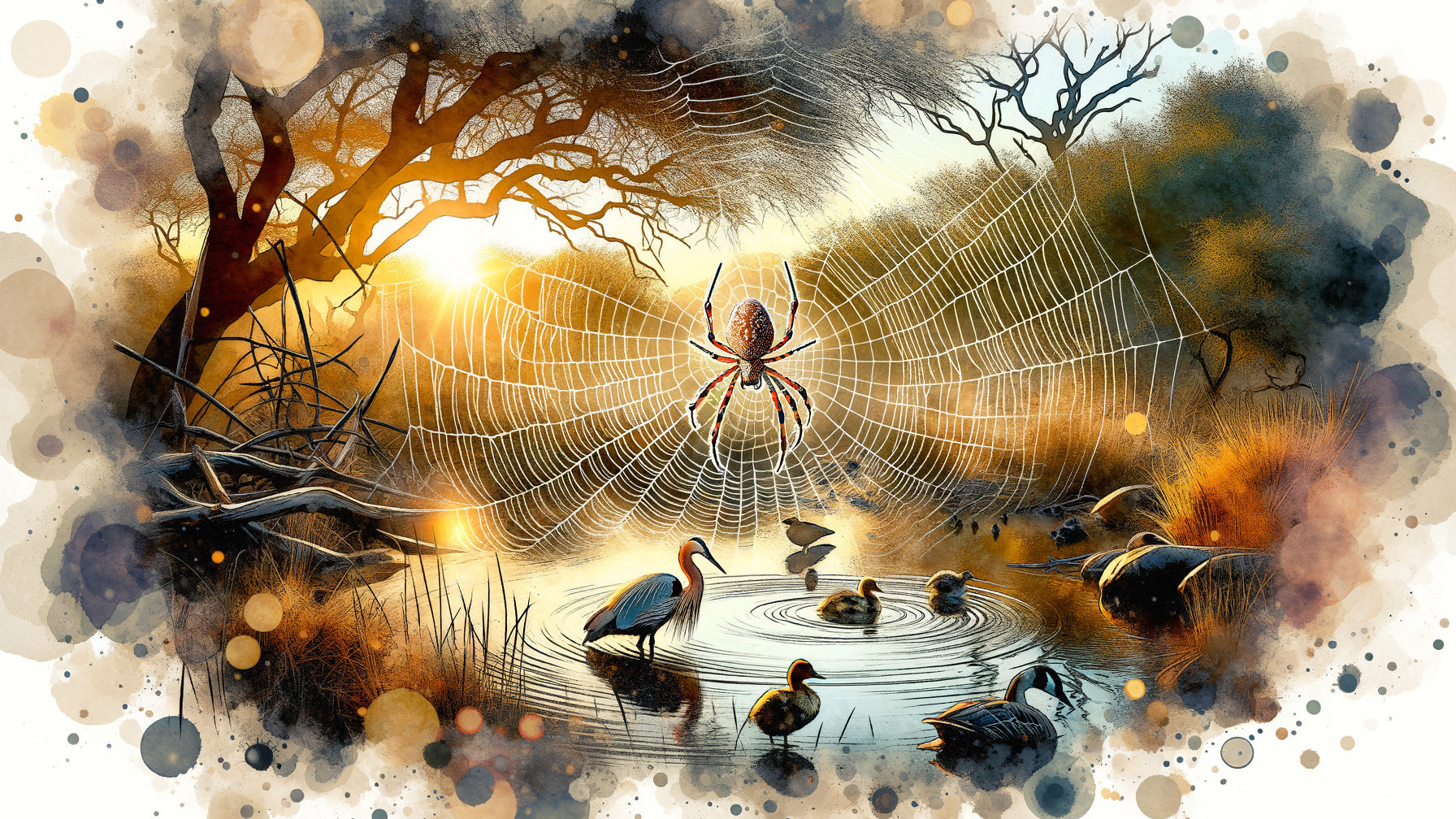 Twilight Scene of Spider Web Over Serene Pond