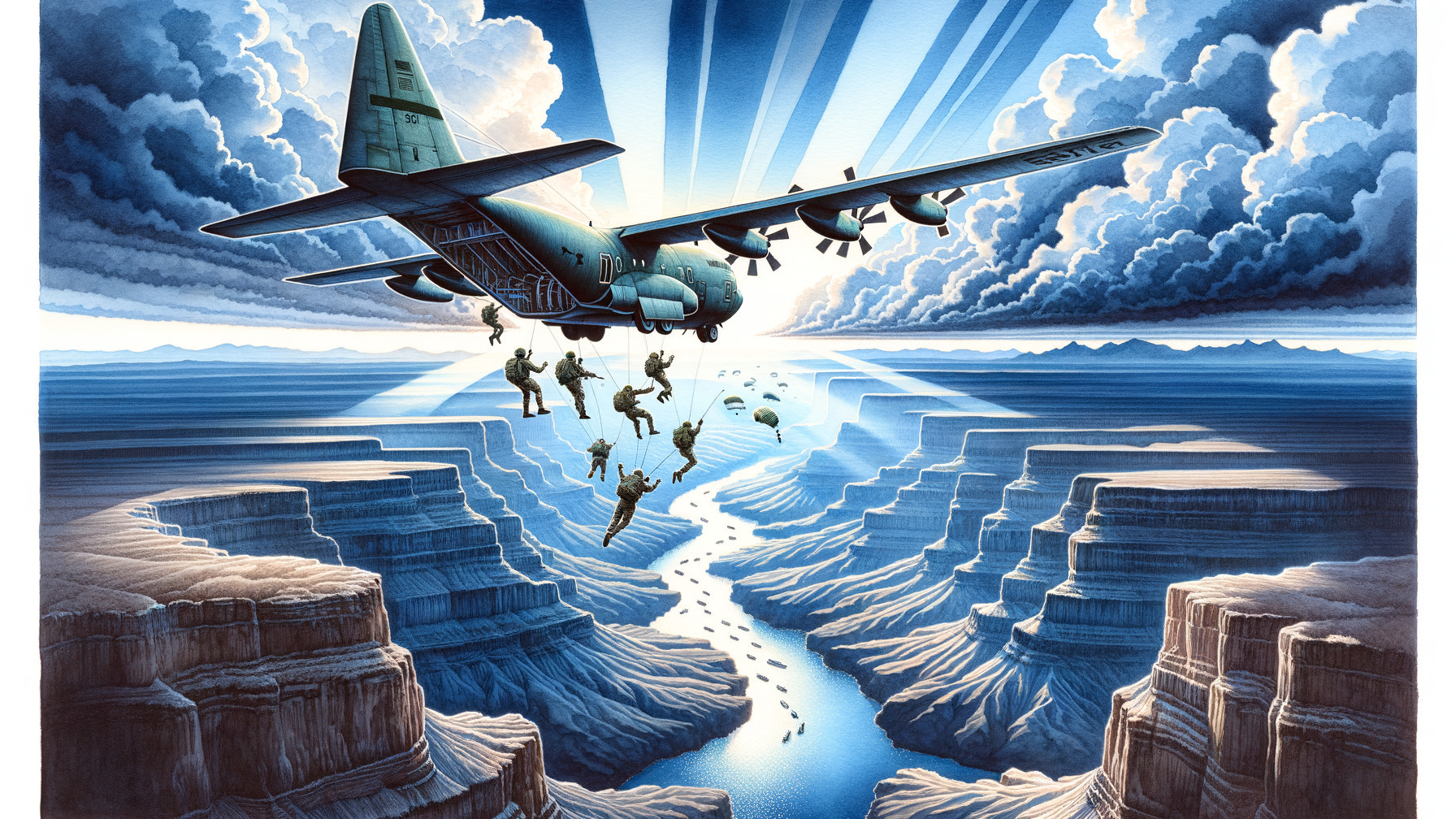 Military Aircraft Over Canyon with Paratroopers Descending