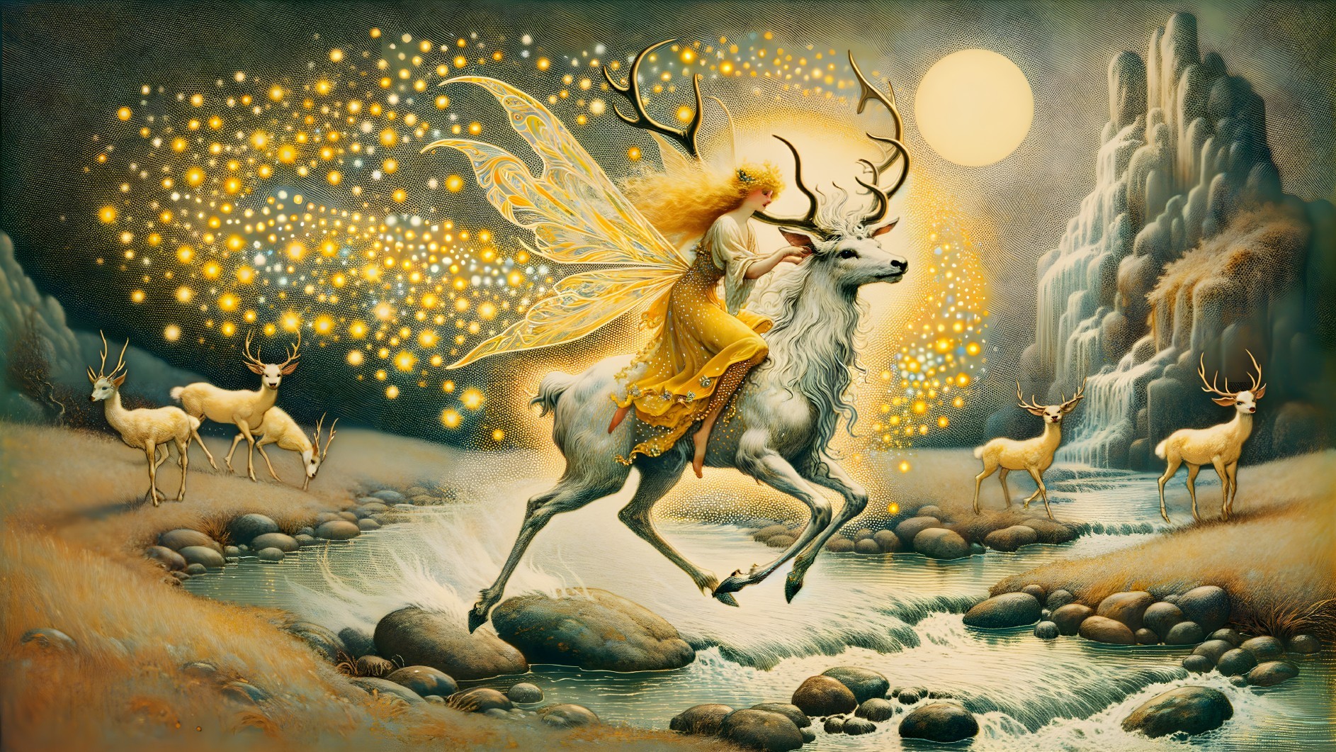 Fairy on Stag in Enchanted Landscape with Moonlight