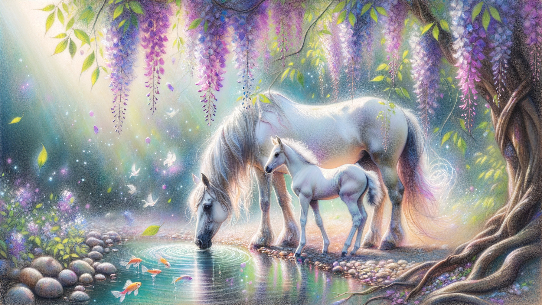 Majestic White Horse and Foal by a Shimmering Pond