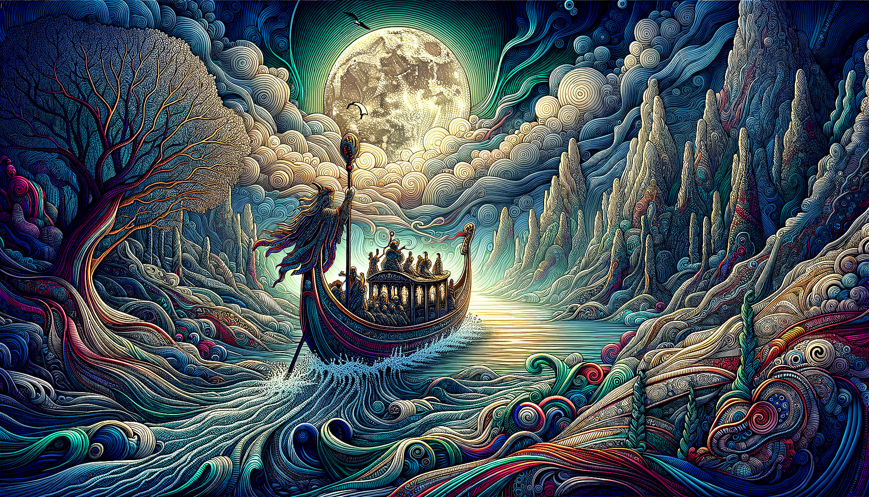 Stylized boat on a swirling river under a full moon