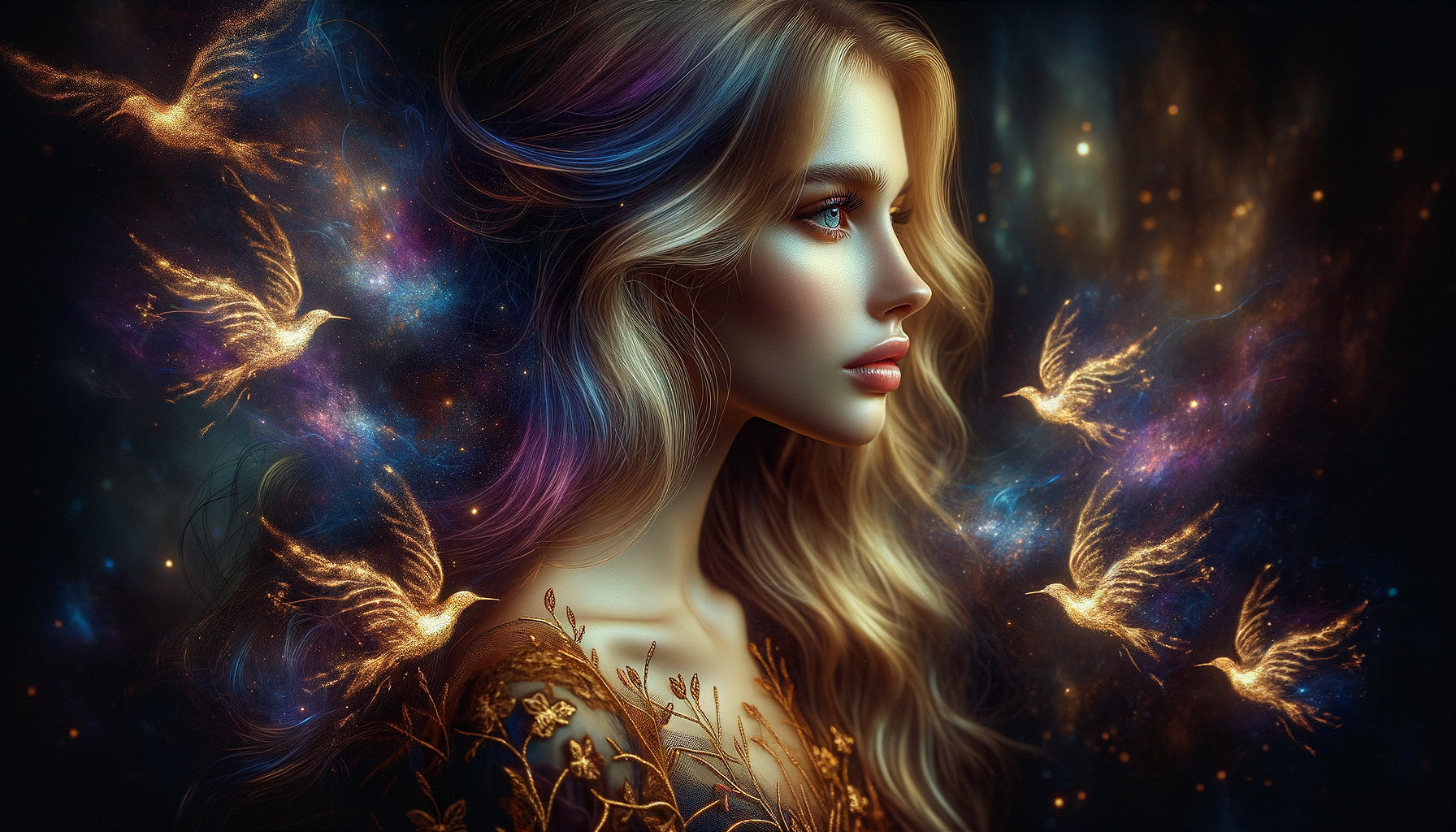 Serene Woman Portrait with Cosmic and Floral Elements