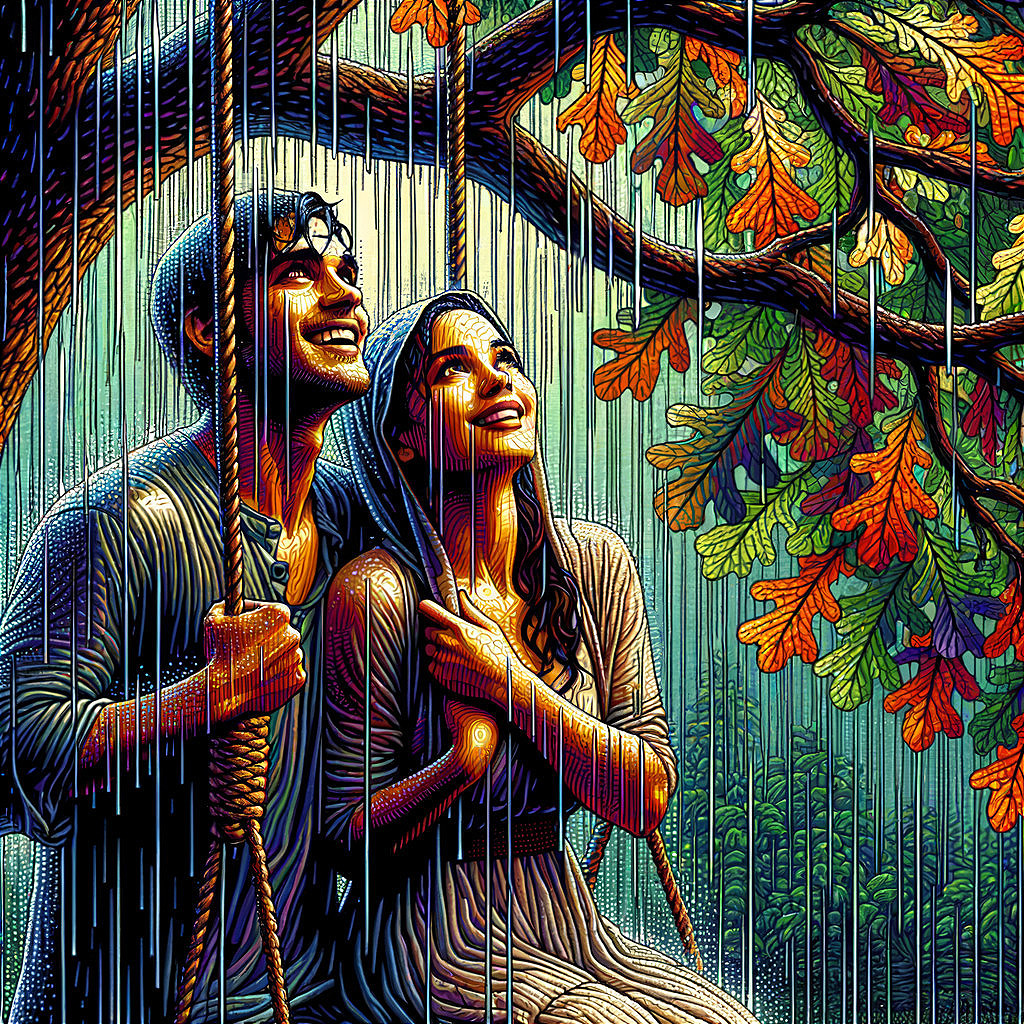 Pair under umbrella in rain with vibrant leaves overhead.