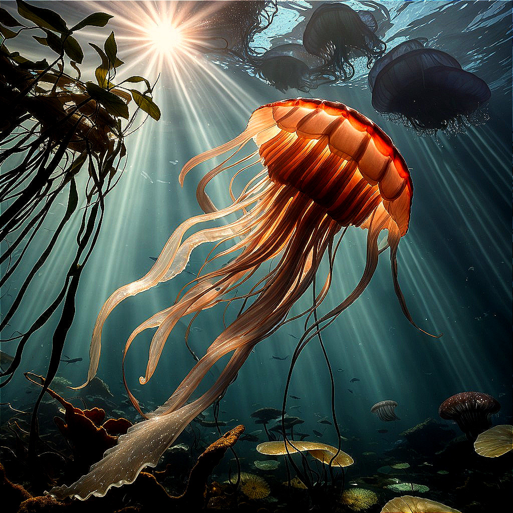 Translucent jellyfish with long tentacles in underwater sunlight