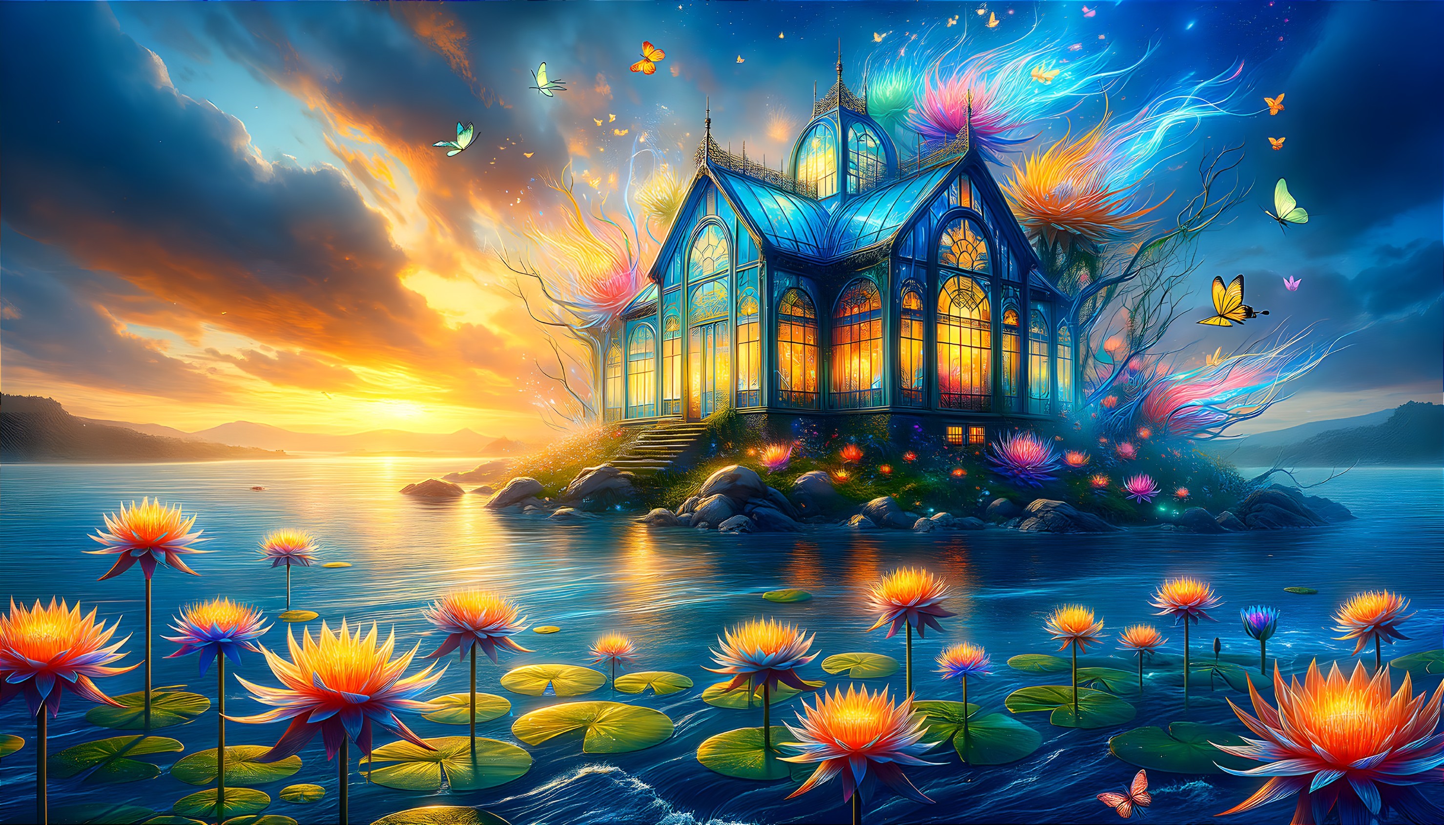 Fantastical Lake Scene with Glass Greenhouse and Sunset