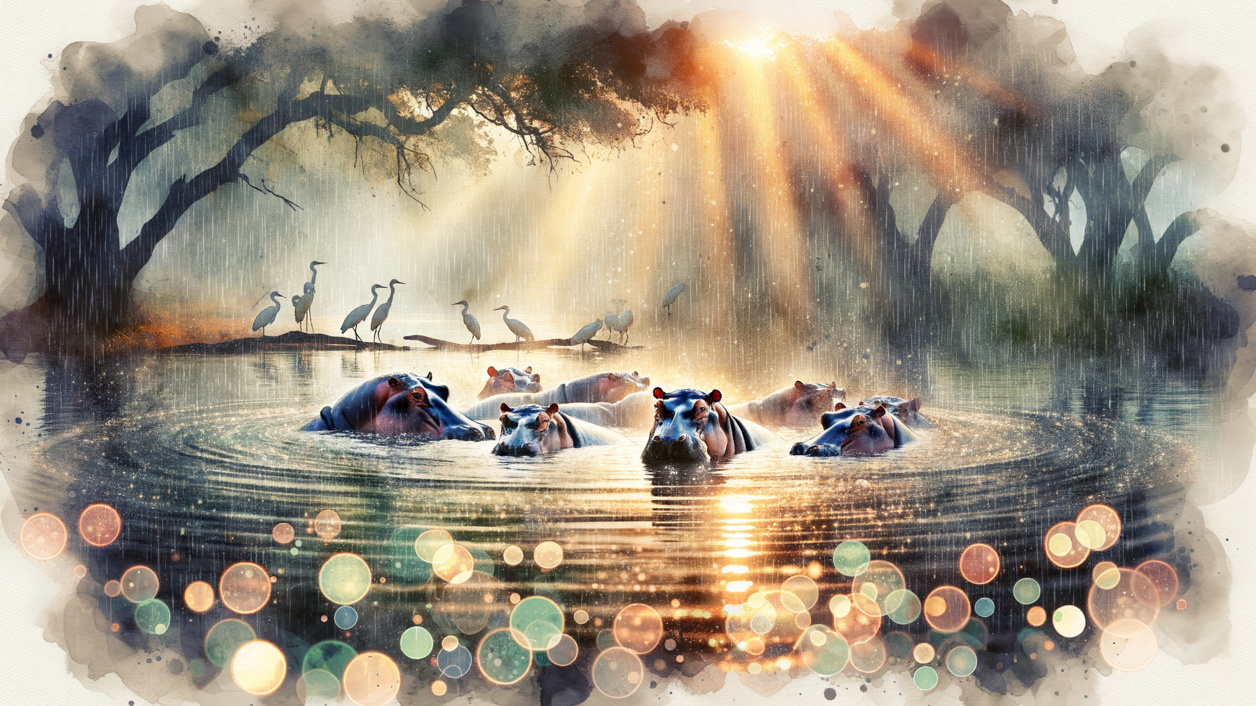 Hippos in a tranquil river under sunlight and trees