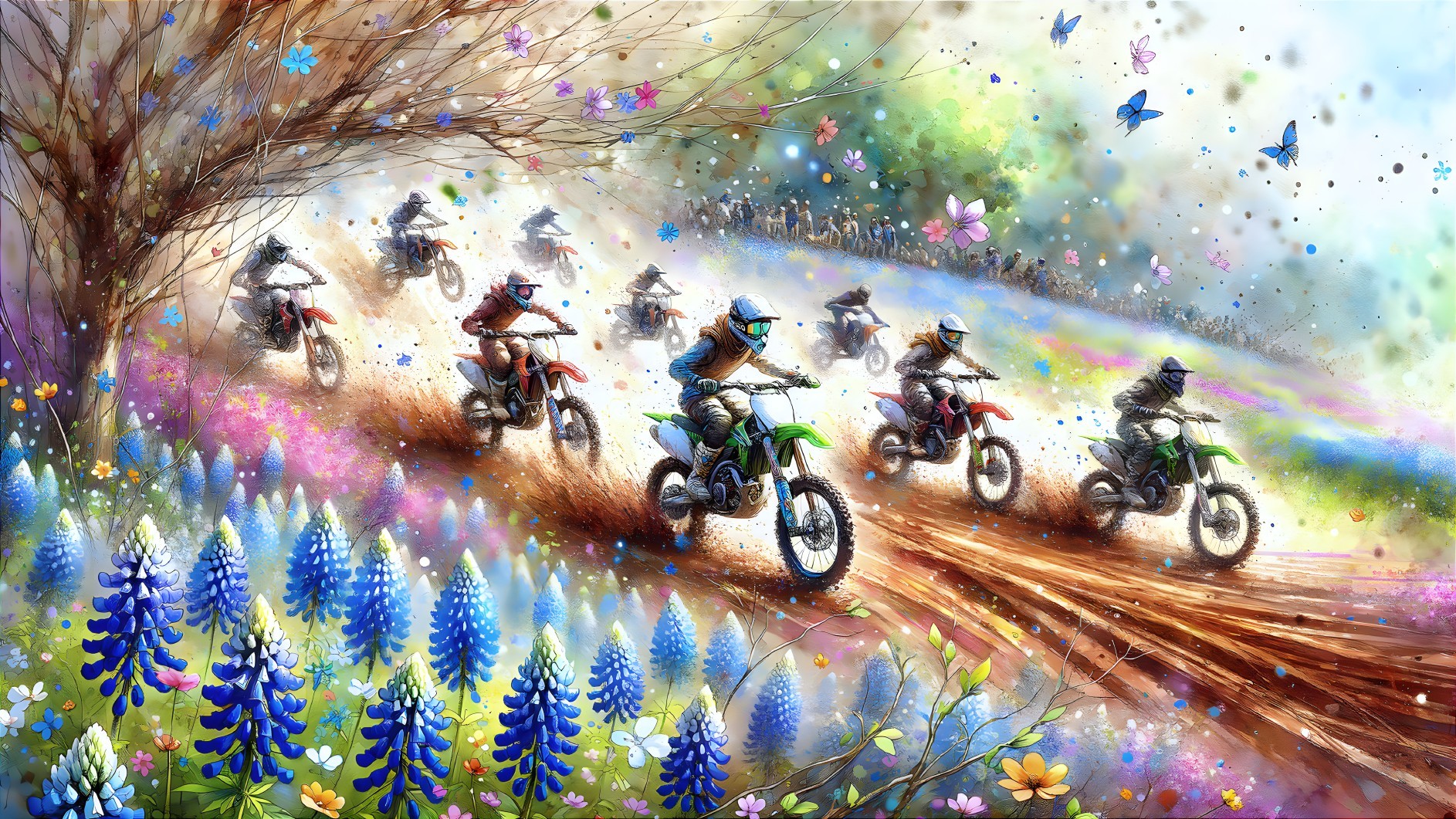 Motocross Riders on Muddy Track with Flowers and Butterflies