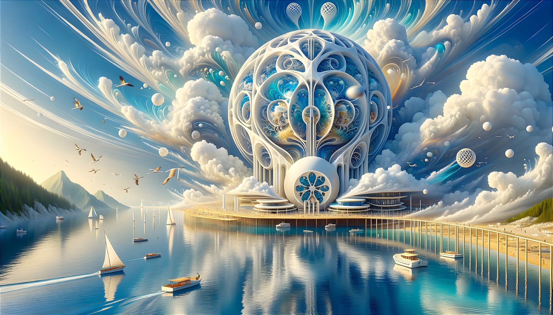 Futuristic landscape with domed structure and serene lake