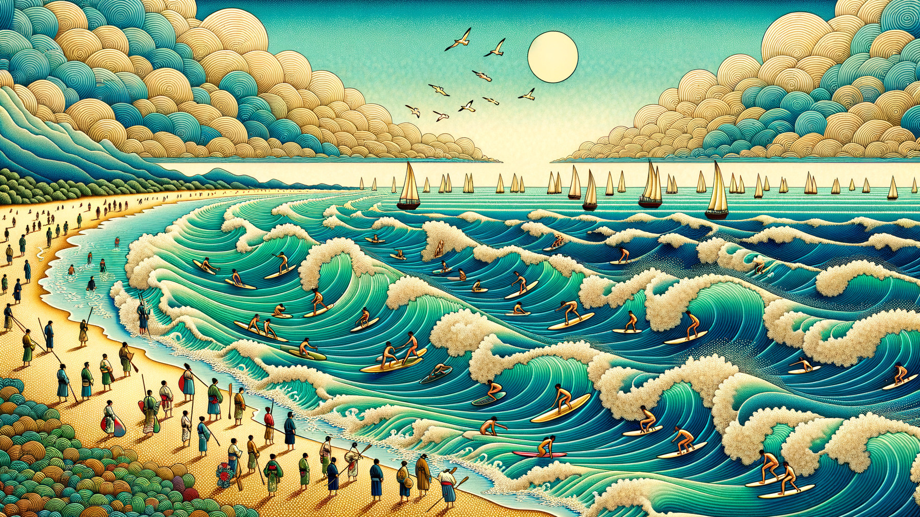Vibrant Beach Scene with Surfers and Sailboats