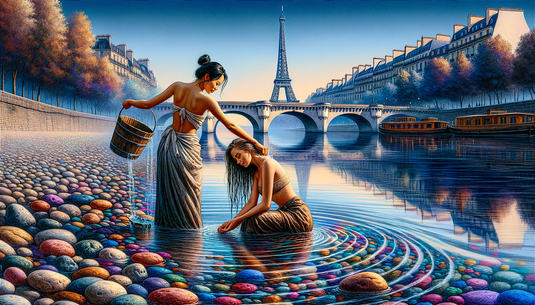 Women by Water in Paris with Eiffel Tower Background