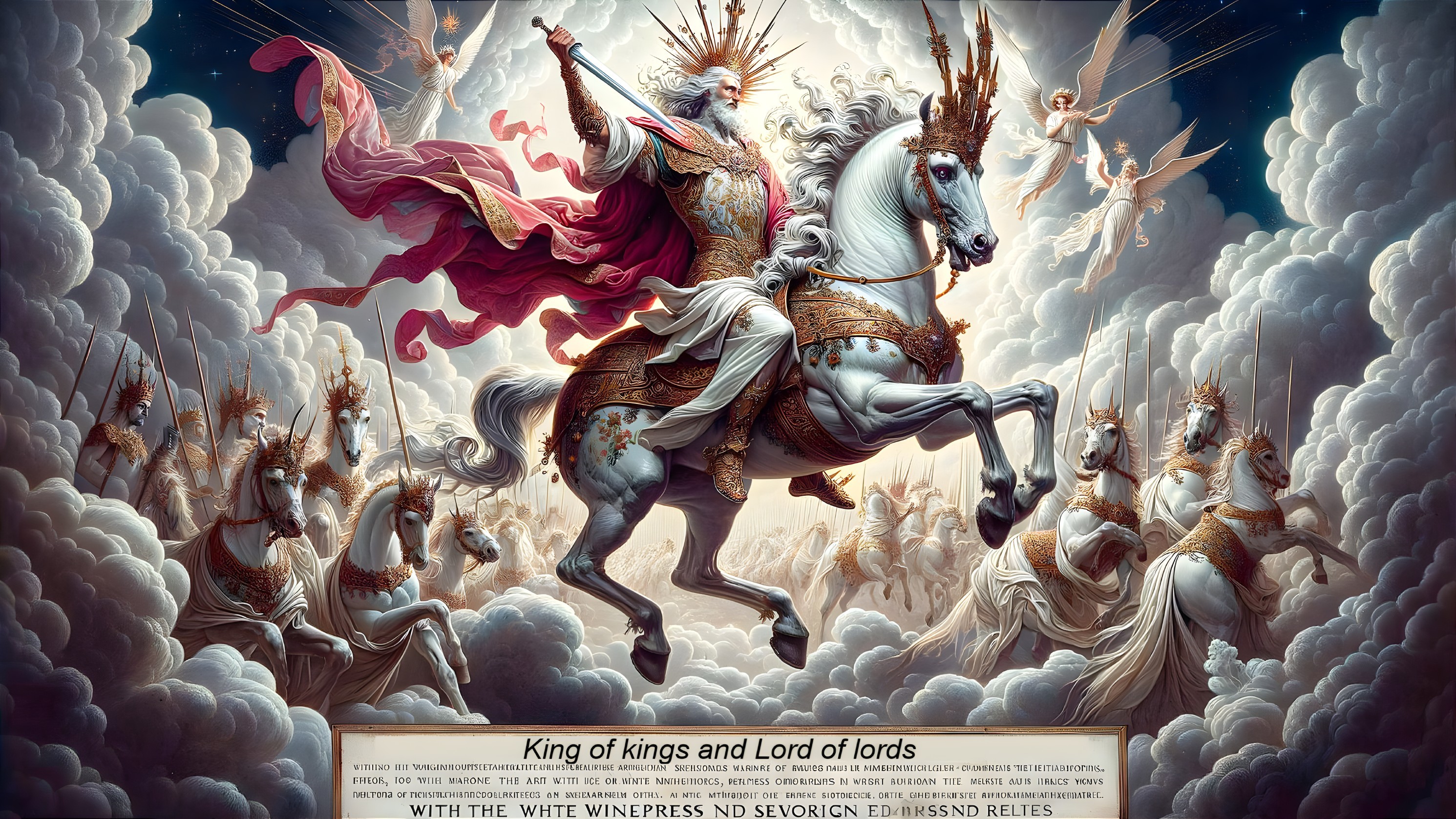 Majestic Figure on White Horse with Ethereal Warriors