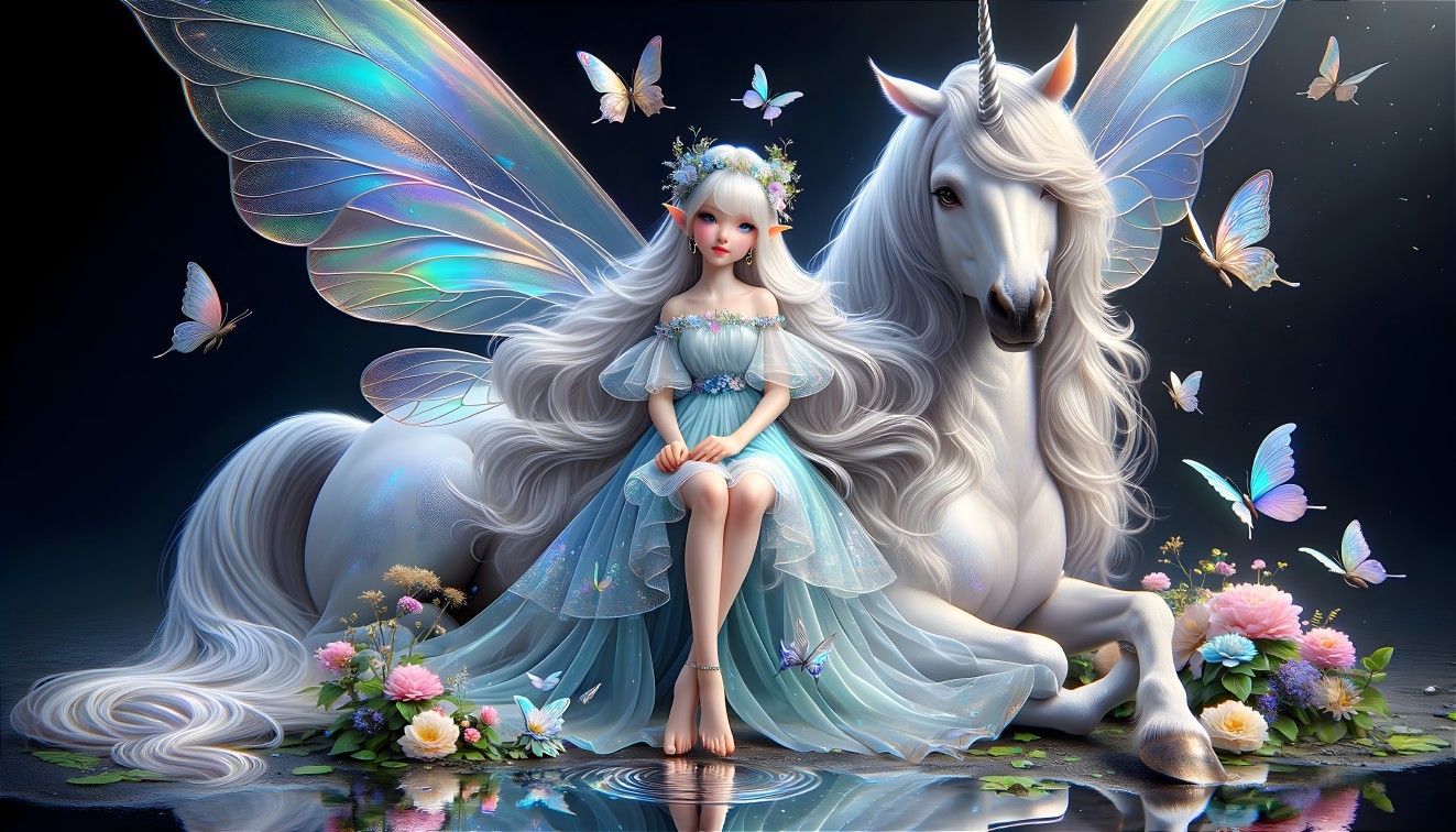 Fairy and Unicorn in a Serene Floral Landscape