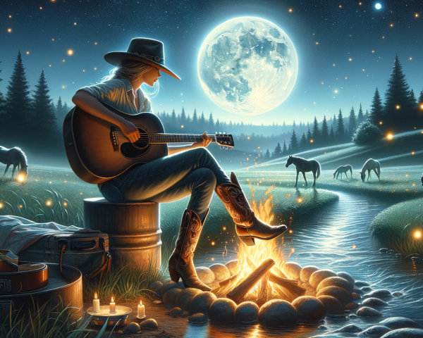 Cowgirl by Campfire with Guitar in Moonlit Landscape