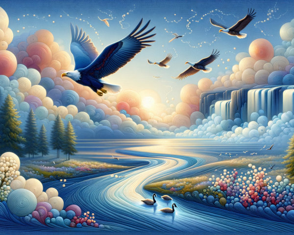 Serene Landscape with River, Eagles, and Waterfalls